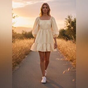 Anthropologie Mare Mare Cream Puff Sleeve Square Neck Tiered Mini Dress SZ XS